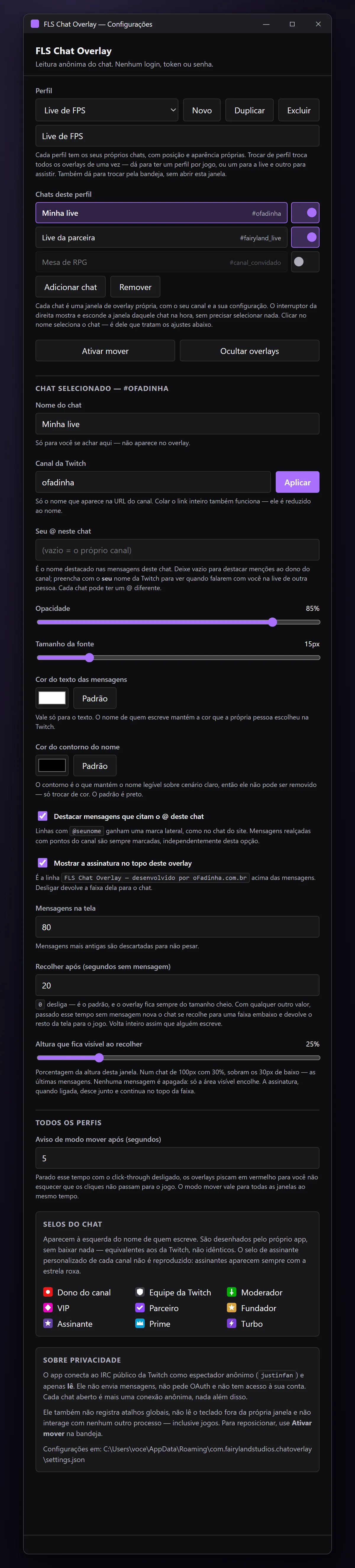 O painel de configurações inteiro, até a legenda dos selos e o aviso de privacidade.